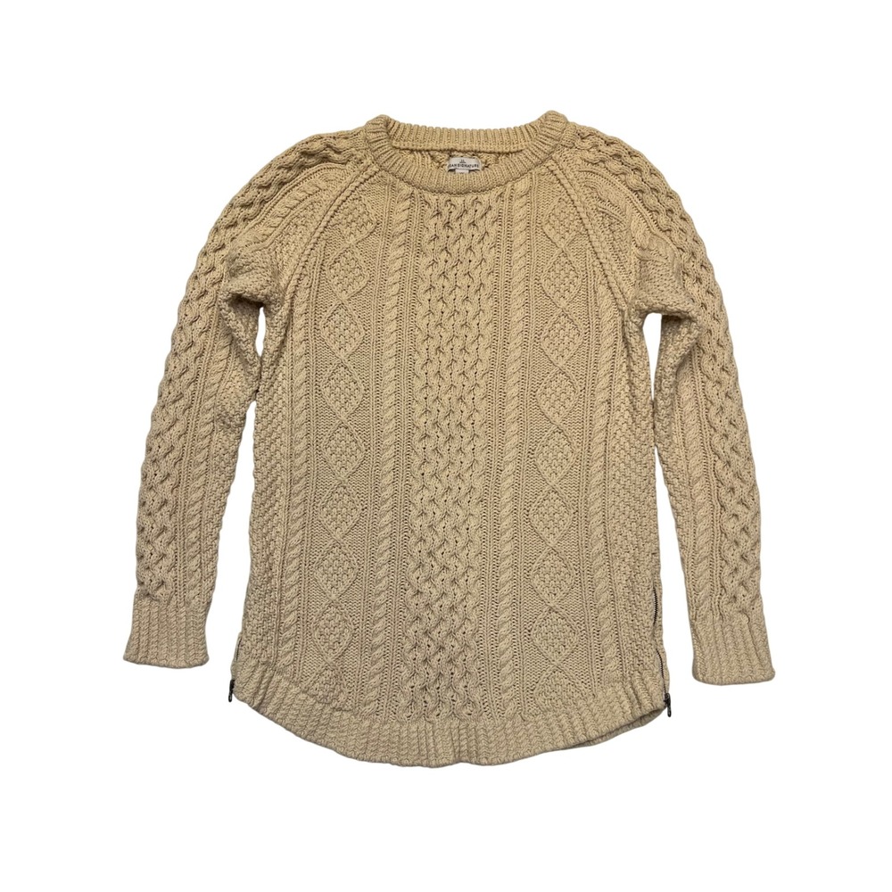 LL Bean Signature Beige 100% Cotton Side Zip Cable Knit Fisherman Sweater XS